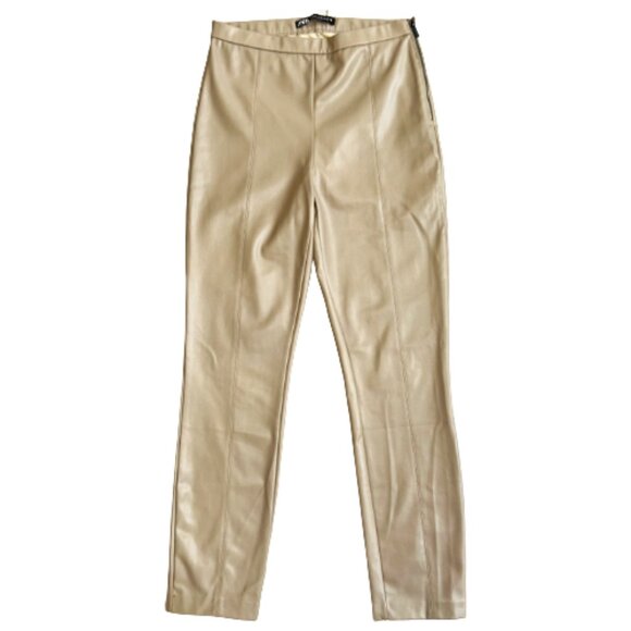 Zara Camel Faux Leather High Waist Pants M Neutral Workwear Fall Trend - Picture 3 of 10